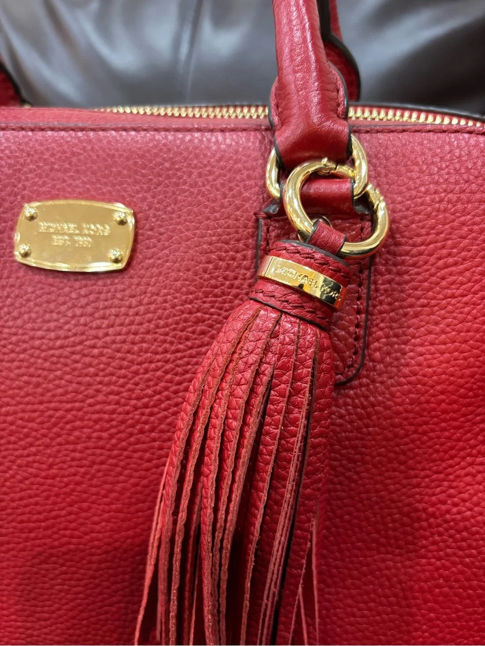 NWT Michael Kors Red Sandrine Pebbled Leather Satchel Handbag with Tassel $398
